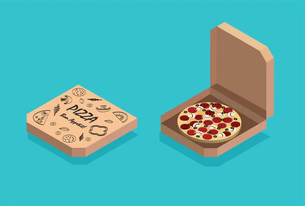 Caja Pizza Isométrica Diseño Plano Aislada Sobre Fondo Azul Comida — Vector de stock