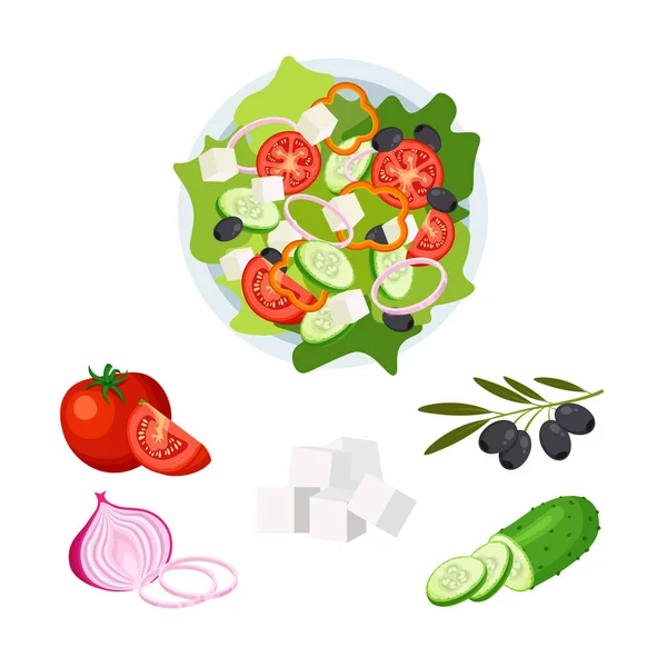 Греческий Салат Тарелке Видом Сверху Набор Свежих Овощей Миске Ингредиенты — стоковый вектор
