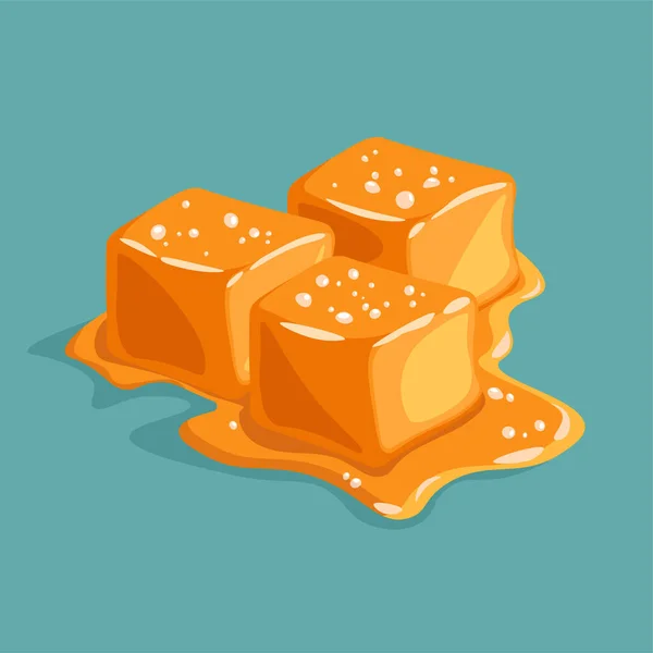 Pièce Caramel Salé Isolé Sur Fond Bleu Cubes Caramel Fondus — Image vectorielle