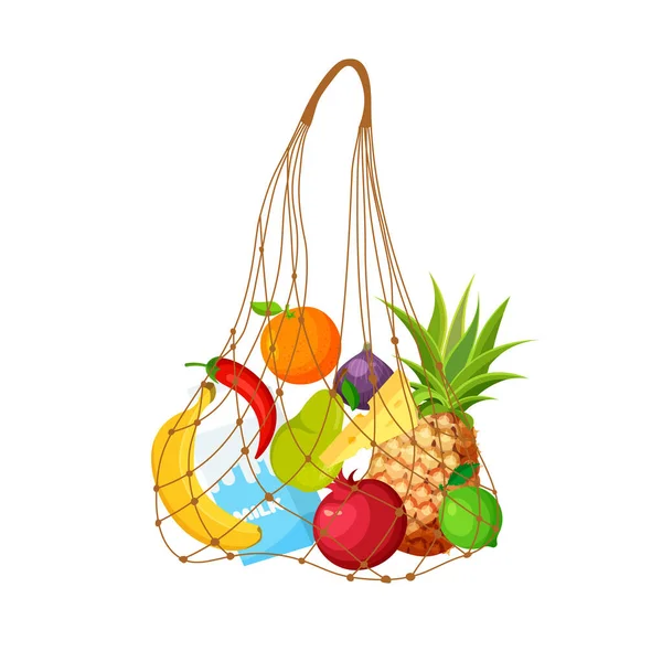 装着水果和蔬菜的麻袋 环保棉网购物袋 附有食物 在时尚的平面风格的食品杂货店 新鲜产品和有机农业 健康饮食概念 — 图库矢量图片