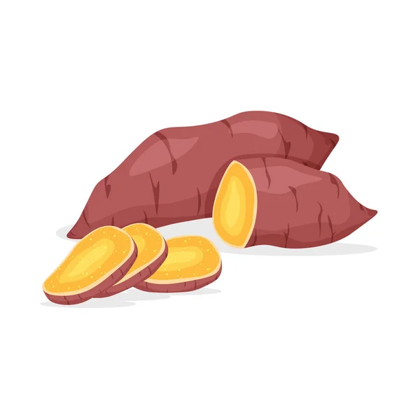 全体と白の背景に隔離されたサツマイモの部分 トレンディーな漫画スタイルのビーガンフードベクトル野菜アイコン 健康食品のコンセプト — ストックベクタ