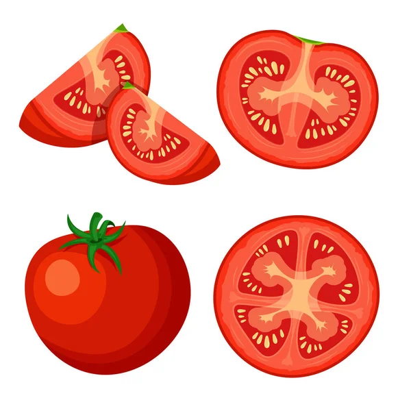 一套新鲜的全片 切碎的西红柿片 在白色背景上隔离开来 食物载体蔬菜图标在流行的卡通风格 健康食品概念 — 图库矢量图片