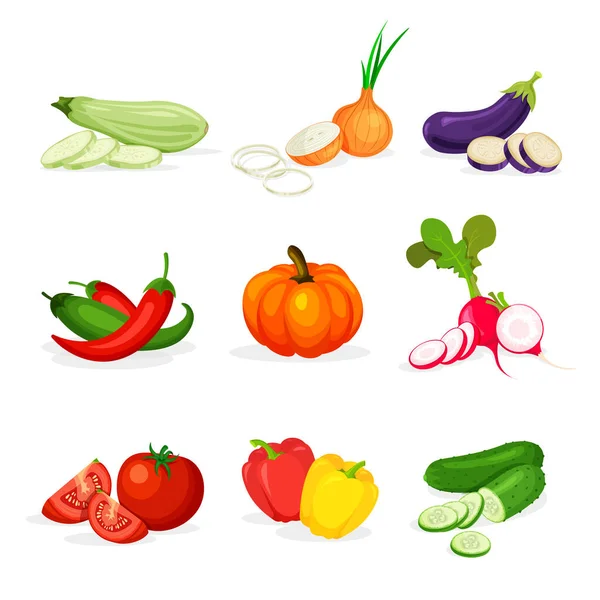 Ensemble Légumes Différents Dans Style Dessin Animé Mode Fraîche Entière — Image vectorielle