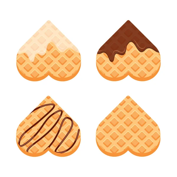 Gaufres Viennoises Belges Crème Vanille Chocolat Ensemble Gaufres Forme Cœur — Image vectorielle