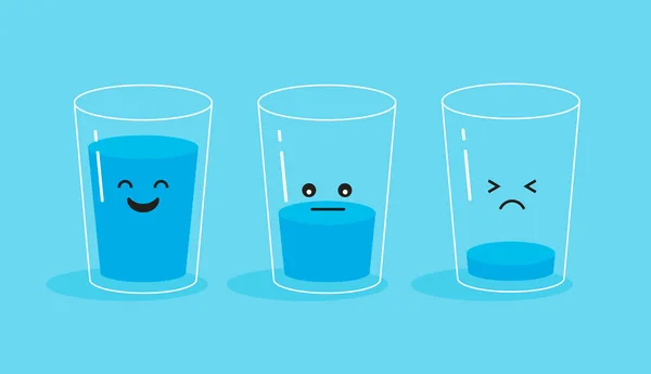 Dibujos Animados Divertido Triste Vaso Agua Vaso Lleno Vacío Beba — Vector de stock