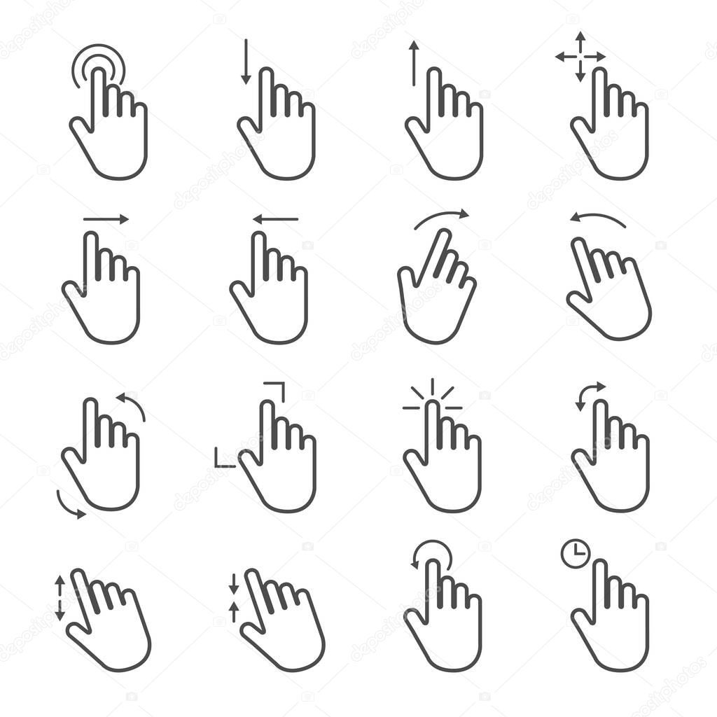 Vector outline touch screen outline gestures icons set isolated on white background. Touchscreen technology, tap on screen, drag and drop. Hand swipe, slide gestures.