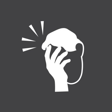 Siyah arka planda izole edilmiş yüz ifadesi olan insan simgesi. Alnını sallayan eli olan bir adam. Baş ağrısı, hayal kırıklığı ya da utanç. Destansı başarısızlık duygusu. Vektör illüstrasyonu.