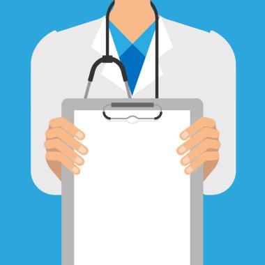 Flat design of close-up of a male doctor with lab coat holds an empty clipboard. Doctor shows blank clipboard to write it on your personal message or advice. Vector illustration.