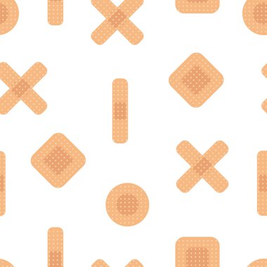 Vector seamless pattern of different shape medical bandages. First aid band plaster strip. Flat design medical patch icon. Design for web page backgrounds, fabric, wallpaper, textile and decor