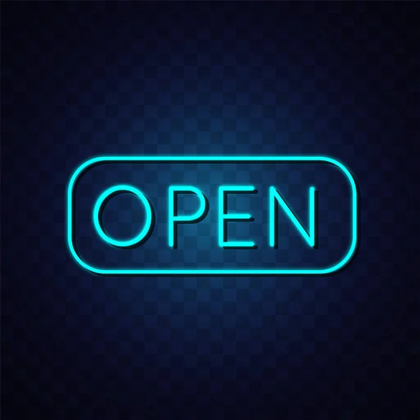 Open Neon Signboard Vector Blue Glowing Text Dark Background — Stock Vector