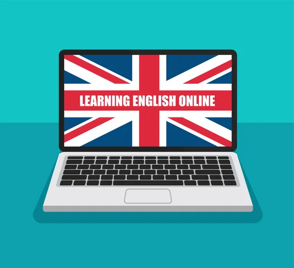 Learning English Online Great Britain Flag Laptop Display Trendy Flat — Stok Vektör