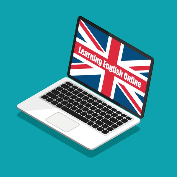 Learning English Online Great Britain Flag Laptop Display Trendy Isometric — Stok Vektör