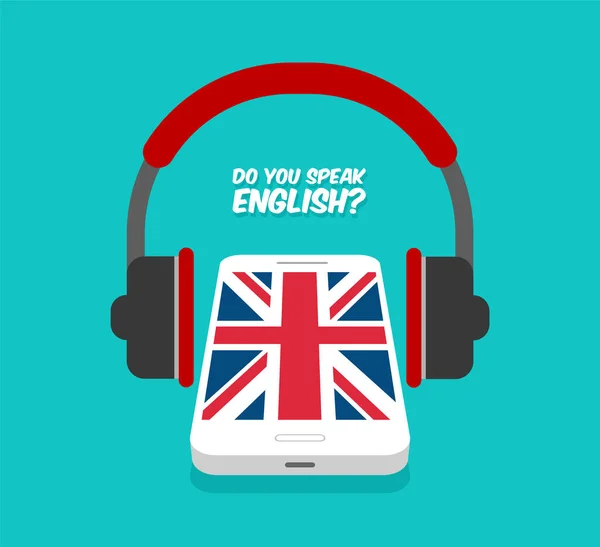 You Speak English Concept Online Learning Smartphone Headphones Front View — Stok Vektör