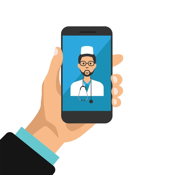 Hand Holds Smartphone Doctor Screen Doctor Online Concept Vector Flat — Stock Vector