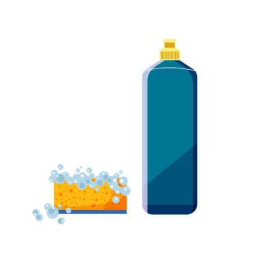 Bulaşık deterjanı ve köpüklü süngerin düz tasarımı. Deterjan şişesi ikonu konsepti. Temizlik malzemeleri şablonu. İzole vektör illüstrasyonu.