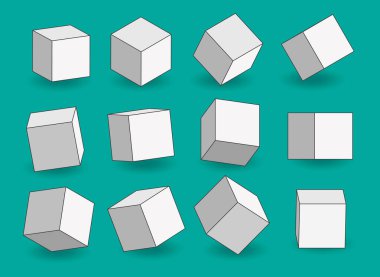 Set of white vector cartoon 3d cubes. Cube outline icons in a perspective. Geometric blocks with shadow. Vector illustration isolated on green background.