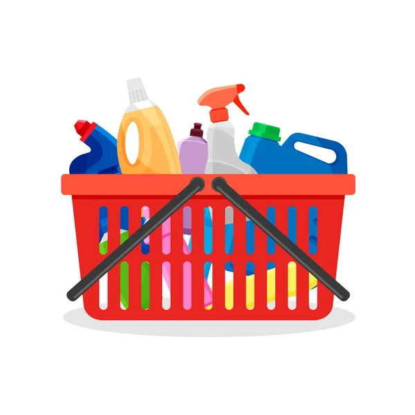 洗剤ボトルや容器でいっぱいの赤いプラスチックショッピングカート クリーニング用品や洗浄パウダーアイコン付きスーパーマーケットバスケット — ストックベクタ