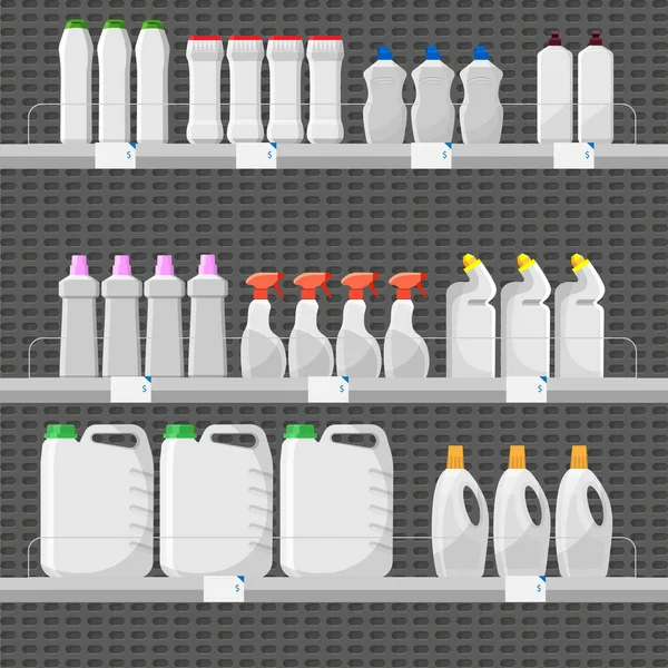 Shop counter or stall with detergents and cleaning supplies. Set of white detergent bottles or containers, washing powder icon. Mock up and templates of cleaners.