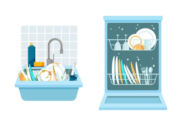 用一堆脏盘子浸泡 用干净的盘子打开洗碗机洗碗 不同的厨房用具洗前和洗后使用 用流行的平板风格描绘矢量图解 — 图库矢量图片
