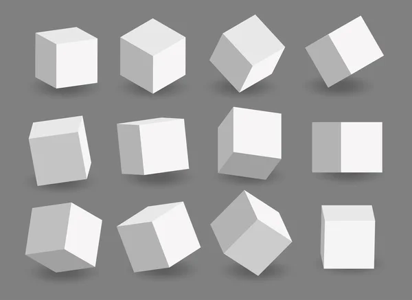 Set White Vector Cubes Cube Icons Perspective Geometric Blocks Shadow — Stok Vektör