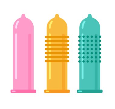 Vector condom icons. Contraception concept. Different forms and types of condoms isolated on white background.