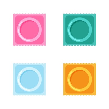 Vector condom and package icons. Contraception concept. Sealed condom isolated on white background.