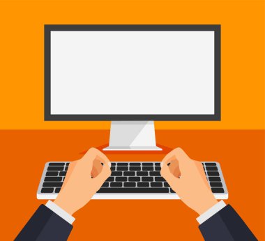 Man working on computer. Boy type or print on a keyboard in front of a blank white monitor. Computer template with empty white screen. Vector illustration.