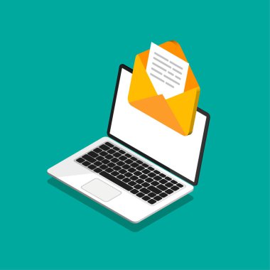 Isometric design of laptop with envelope and document on screen. Getting or send new letter. E-mail, email marketing, internet advertising concepts in trendy style. Vector illustration.