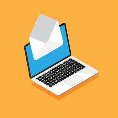 Isometric design of laptop with envelope and document on screen. Getting or send new letter. E-mail, email marketing, internet advertising concepts in trendy style. Vector illustration.