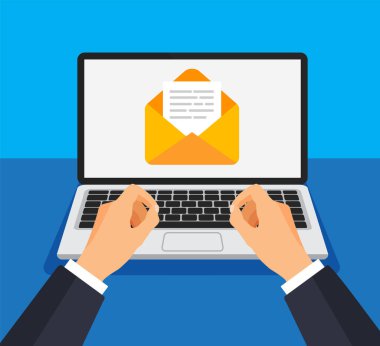Businessman opens or creates new letter on laptop. Envelope and document on a screen. Getting or send new email. Vector illustration.