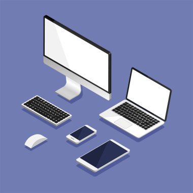Isometric set of computer monitor, laptop, tablet, smartphone, keyboard and mouse. Empty screen template. Mock up of equipment for office. Vector illustration.