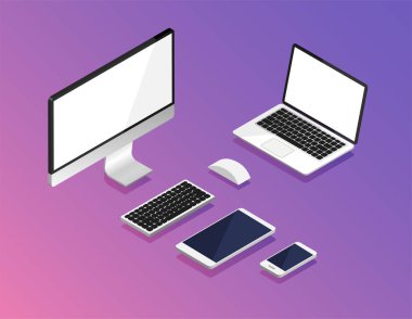 Isometric set of computer monitor, laptop, tablet, smartphone, keyboard and mouse. Empty screen template. Mock up of equipment for office. Vector illustratio