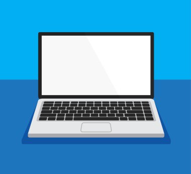 Laptop ön görünümünü beyaz ekran ile aç. Boş veya boş ekran. Bilgisayar, mavi arkaplanda izole edilmiş bir şekilde taklit ediyor. Ofis için ekipman. Vektör illüstrasyonu.