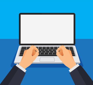 Man working on computer. Boy type or print on a keyboard in front of a blank white monitor. Laptop template with empty screen. Vector illustration.