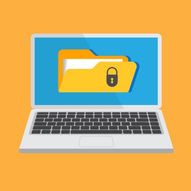 Dosya koruması. Bilgisayar ekranında veri güvenliği ve gizlilik kavramı. Güvenli gizli bilgi. Vektör illüstrasyonu.