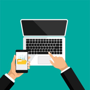 Hand holds phone and click on laptop. Upload files to the cloud storage or computer. View top of open laptop. Vector illustration.