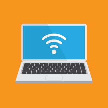 Laptop with wi fi signal on a display. Vector computer screen template. Isolated. Wi-Fi concept.