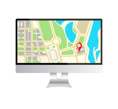 Realistic computer monitor with map navigation on a screen. GPS navigator with red pinpoint. Computer screen display isolated on white background. Mock up of equipment for office. Vector illustration.