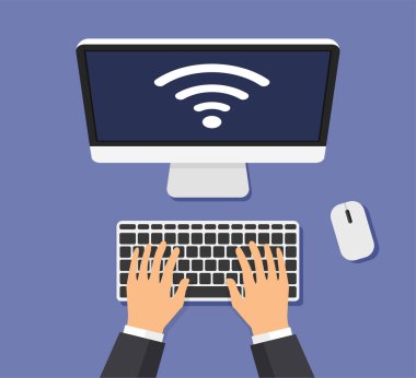 Businessman works at the computer. Wi-fi signal on a screen. Internet concept. Overhead view. Vector illustration.