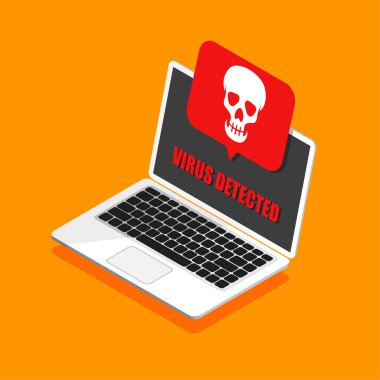 3d laptop and virus in it. Hacking mail or computer in a trendy isometric style. Skull icon on a display. Getting a pirated or infected letter. Isolated.