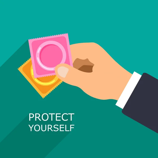 Vector Condom Packages Icon Safe Yourself Concept Social Advertisement Hand — Stok Vektör