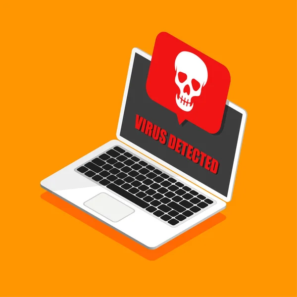 3d laptop and virus in it. Hacking mail or computer in a trendy isometric style. Skull icon on a display. Getting a pirated or infected letter. Isolated.