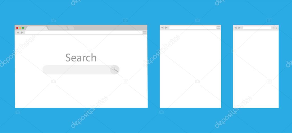 Simple internet browsers window isolated on blue background. Web browser blank template of laptop, tablet and phone. Vector illustration in a flat style.