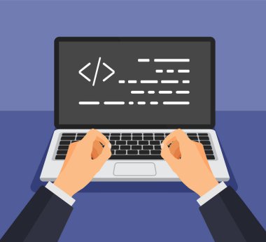 Programcı kod yazmaya çalışıyor. Ekranda kod olan bir adam klavyede yazıyor. Web geliştiricisi, tasarım, programlama. Kodlama konsepti. İzole vektör illüstrasyonu.