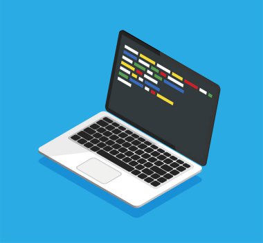 Ekranında kod olan Isometric dizüstü bilgisayar. Web geliştiricisi, tasarım, programlama. Kodlama konsepti. İzole vektör illüstrasyonu.