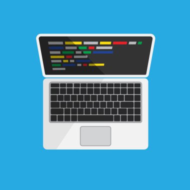 Monitörde kod olan dizüstü bilgisayar. Web geliştiricisi, tasarım, programlama. Kodlama konsepti. İzole vektör illüstrasyonu.