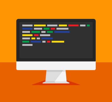 Ekranda kod olan bilgisayar monitörü. Web geliştiricisi, tasarım, programlama. Kodlama konsepti. İzole vektör illüstrasyonu.