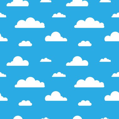 Mavi zemin üzerinde bulutlar olan kusursuz vektör deseni. Düz dizaynlı modern beyaz bulutlar karikatür. Web sayfası arkaplanı, kumaş, duvar kağıdı, tekstil ve dekor için tasarım