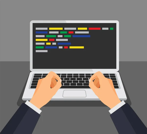 プログラマの書き込みコード 画面上のコードでキーボードを入力します Web開発者 デザイン プログラミング コーディングの概念 分離ベクトル図 — ストックベクタ