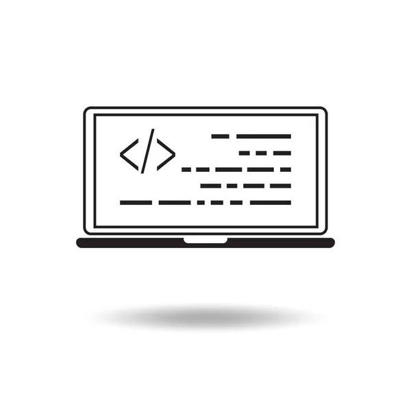 在白色背景上勾画出屏幕上有代码的笔记本电脑图标 Web开发人员 编码概念 孤立的矢量说明 — 图库矢量图片